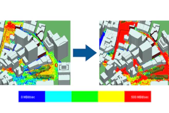 Side-by-side comparison showing throughput in downtown area using single antennas (left) vs. MIMO beamforming (right).