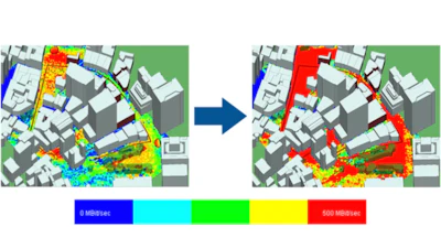 Side-by-side comparison showing throughput in downtown area using single antennas (left) vs. MIMO beamforming (right).