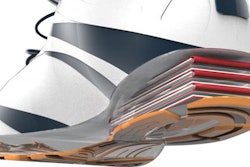 This is illustration shows how a triboelectric generator embedded in a shoe would produce electricity as a person walked.