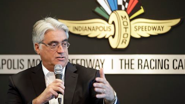 Mark Miles, the CEO of IndyCar’s parent company, Hulman & Co., speaks during IndyCar media day at the Indianapolis Motor Speedway Tuesday, Feb. 2, 2016, in Indianapolis. (AP Photo/Darron Cummings)