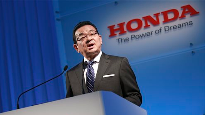 Honda Motor Co. President and Chief Exective Takahiro Hachigo speaks at a press conference in Tokyo, Wednesday, Feb. 24, 2016. Honda's president is sticking to its stance that the Japanese automaker plans no independent financial bailout for supplier Takata, which is embroiled in a massive recall crisis over air-bag inflators that may explode.