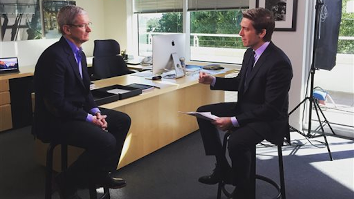 This image made from video and released by ABC News shows Apple CEO Tim Cook, left, during an exclusive interview with anchor David Muir, airing Wednesday, Feb. 24 on 'World News Tonight with David Muir,' at 6:30 p.m. EST. The extended exclusive interview will be available online at ABCNews.com immediately following the program.