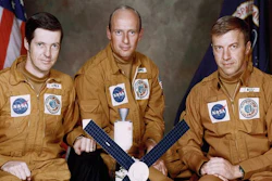 NASA file photo of the Skylab crew. From left: Joseph Kerwin, Charles Conrad, and Paul Weitz wore the suit aboard Skylab in 1973.