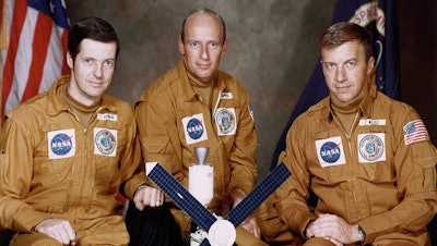 NASA file photo of the Skylab crew. From left: Joseph Kerwin, Charles Conrad, and Paul Weitz wore the suit aboard Skylab in 1973.