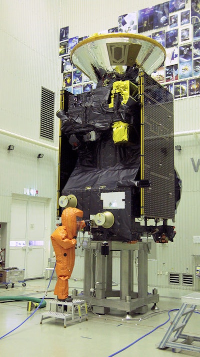 The ExoMars 2016 Trace Gas Orbiter being fueled at the Baikonur cosmodrome in Kazakhstan.