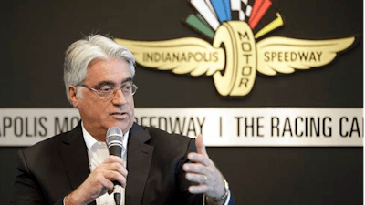 Mark Miles, the CEO of IndyCar’s parent company, Hulman & Co., speaks during IndyCar media day at the Indianapolis Motor Speedway Tuesday, Feb. 2, 2016, in Indianapolis. (AP Photo/Darron Cummings)