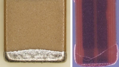 NIST researchers demonstrated an approach for detecting hidden flaws in ceramic capacitors, which store energy in the electronics for medical implants and spacecraft. NIST studied 3-millimeter-long capacitors (left), looking for cracks similar to the one shown in the NASA photo (right).