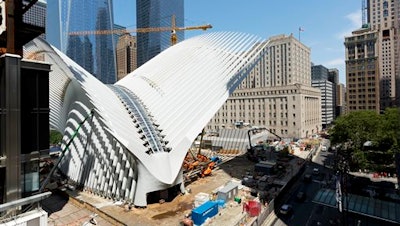 In this July 16, 2015 file photo, the World Trade Center Transportation Hub, designed by Spanish architect Santiago Calatrava, is under construction in New York. The hub is scheduled to open in early March, 2016, according to the Port Authority of New York and New Jersey.