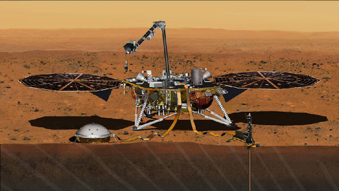 This artist's concept depicts the InSight lander on Mars after the lander's robotic arm has deployed a seismometer and a heat probe directly onto the ground. InSight is the first mission dedicated to investigating the deep interior of Mars. The findings will advance understanding of how all rocky planets, including Earth, formed and evolved.