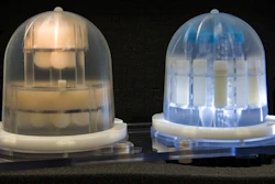 The new breast phantom consists of two components. The one at left is designed to provide a standard for measuring proton spin relaxation time, which varies with different kinds of tissue. The one at right provides references for imaging diffusion.