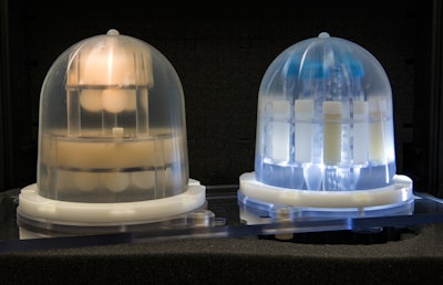 The new breast phantom consists of two components. The one at left is designed to provide a standard for measuring proton spin relaxation time, which varies with different kinds of tissue. The one at right provides references for imaging diffusion.
