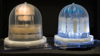 The new breast phantom consists of two components. The one at left is designed to provide a standard for measuring proton spin relaxation time, which varies with different kinds of tissue. The one at right provides references for imaging diffusion.