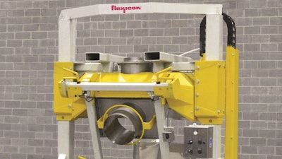 Flexicon's Rear-Post Bulk Bag Filler with Swing-Down fill head and low profile deck allows safe, rapid spout connections and removal of filled bags using a pallet jack.