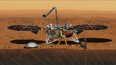 This artist's concept depicts the InSight lander on Mars after the lander's robotic arm has deployed a seismometer and a heat probe directly onto the ground. InSight is the first mission dedicated to investigating the deep interior of Mars. The findings will advance understanding of how all rocky planets, including Earth, formed and evolved.