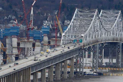 In this March 15, 2016, photo, construction continues on the Tappan Zee Bridge as seen from Nyack, N.Y. New York lawmakers are considering a budget proposal from Gov. Andrew Cuomo to devote $1 billion in financial settlement money to help the authority pay for a budget-busting replacement for the Tappan Zee Bridge while keeping tolls down.