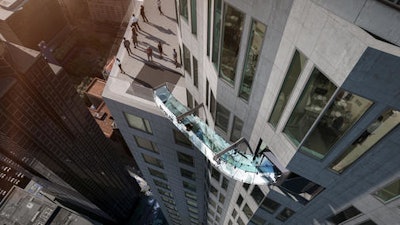 This undated artist's rendering provided by Overseas Union Enterprise Limited shows a glass slide 1,000 feet above the ground off the side of the U.S. Bank Tower in downtown Los Angeles.