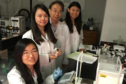 Dr. Shin-Tson Wu and doctoral students work on new liquid crystal mixtures in his lab at the University of Central Florida's College of Optics & Photonics. From left, Fenglin Peng, Yuge 'Esther' Huang, Wu and Fangwang 'Grace' Gou.