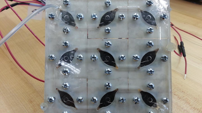 These are nine biological-solar (bio-solar) cells connected into a bio-solar panel. The panel has generated the most wattage of any existing small-scale bio-solar cells, 5.59 microwatts.