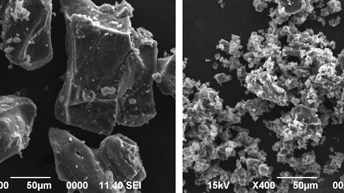 Chunks of this sodium-based compound (Na2B12H12) (left) would function well in a battery only at elevated temperatures, but when they are milled into far smaller pieces (right), they can potentially perform even in extreme cold, making them even more promising as the basis for safer, cheaper rechargeables.