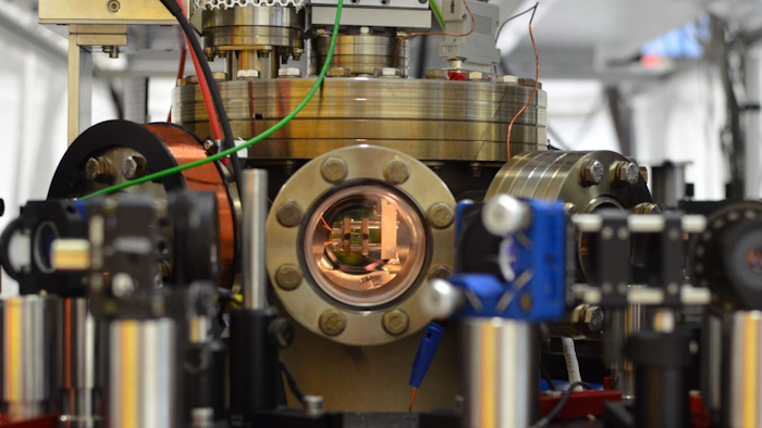 View of the vacuum chamber containing the atom trap (center).