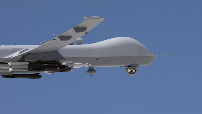 The U.S. Air Force has awarded Raytheon a first-lot production contract for the AN/DAS-4 EO/IR Turret, shown here deployed on the MQ-9 Reaper.