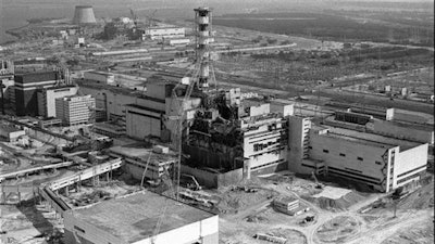 A 1986 file photo of an aerial view of the Chernobyl nuclear plant in Chernobyl, Ukraine.