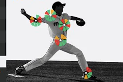 This graphic provided by Motus Global shows how it's MotusPro system uses five blue sensors to record 39 sets of measurements ranging from shoulder rotation to hip speed to stride.