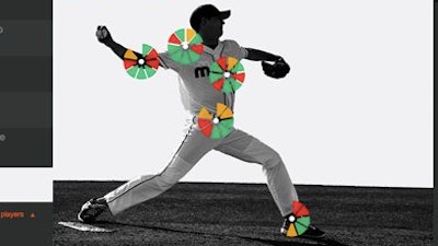 This graphic provided by Motus Global shows how it's MotusPro system uses five blue sensors to record 39 sets of measurements ranging from shoulder rotation to hip speed to stride.