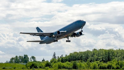 The fourth and final test aircraft for Boeing’s KC-46 tanker program takes off on its first flight from Paine Field in Everett, Wash., on April 25, 2016. The 767-2C will be used to conduct environmental control system testing and will eventually become a KC-46 tanker. Boeing plans to build 179 KC-46 aircraft for the U.S. Air Force.