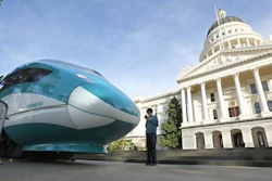 In this Feb. 26, 2015 file photo, a full-scale mock-up of a high-speed train is displayed at the Capitol in Sacramento, Calif.