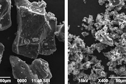 Chunks of this sodium-based compound (Na2B12H12) (left) would function well in a battery only at elevated temperatures, but when they are milled into far smaller pieces (right), they can potentially perform even in extreme cold, making them even more promising as the basis for safer, cheaper rechargeables.