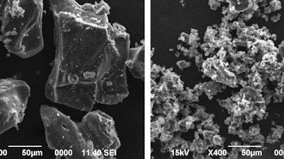 Chunks of this sodium-based compound (Na2B12H12) (left) would function well in a battery only at elevated temperatures, but when they are milled into far smaller pieces (right), they can potentially perform even in extreme cold, making them even more promising as the basis for safer, cheaper rechargeables.