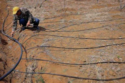 In this April 6, 2016 photo, a farmer sets up water pipes for trickle irrigation at a cherry garden in Yantai in east China's Shandong province. A government report says more than 80 percent of underground water drawn from relatively shallow wells used by farms, factories and mostly rural households is unsafe for drinking because of pollution from heavy metals and agricultural chemicals.