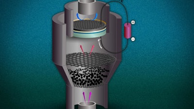 This illustration depicts a possible configuration for the combined system proposed by MIT researchers. At the bottom, steam (pink arrows) passes through pulverized coal, releasing gaseous fuel (red arrows) made up of hydrogen and carbon monoxide. This fuel goes into a solid oxide fuel cell (disks near top), where it reacts with oxygen from the air (blue arrows) to produce electricity (loop at right).