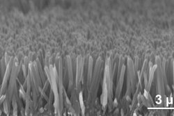 The tiny wires of the nanowire array form on a template so they are uniform.