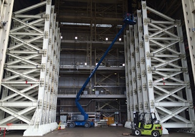 Twelve main tower panels, built and delivered by Weldall Manufacturing Inc. of Waukesha, Wisconsin, for the intertank test structure have been installed at the Building 4619 load test annex at NASA's Marshall Space Flight Center in Huntsville, Alabama. The two test towers, shown here, attach to the intertank test article and simulate the force created by the solid rocket boosters during launch, flight and booster separation.