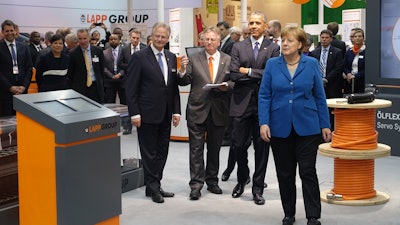 President Barack Obama and German Chancellor Angela Merkel visit Lapp Group at Hannover Messe 2016.