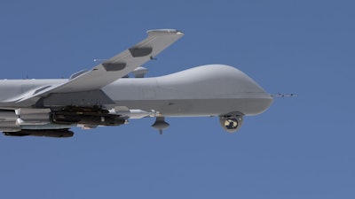 The U.S. Air Force has awarded Raytheon a first-lot production contract for the AN/DAS-4 EO/IR Turret, shown here deployed on the MQ-9 Reaper.