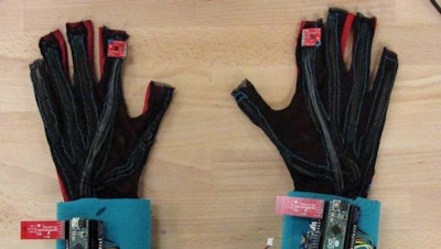 Each glove contains sensors that record hand position and movement and transmit data wirelessly to a central computer, which uses algorithms to recognize and translate sign language gestures.