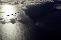In this photo provided by Solar Impulse, the solar powered plane, 'Solar Impulse 2,' piloted by Bertrant Piccard of Switzerland, is seen in the air Thursday, April 21, 2016, after successfully taking off from Kalaeloa Airport, O'ahu, Hawaii, for a non-stop three day flight expected to cover about 3,760 kilometers (2,336 miles) to San Francisco.