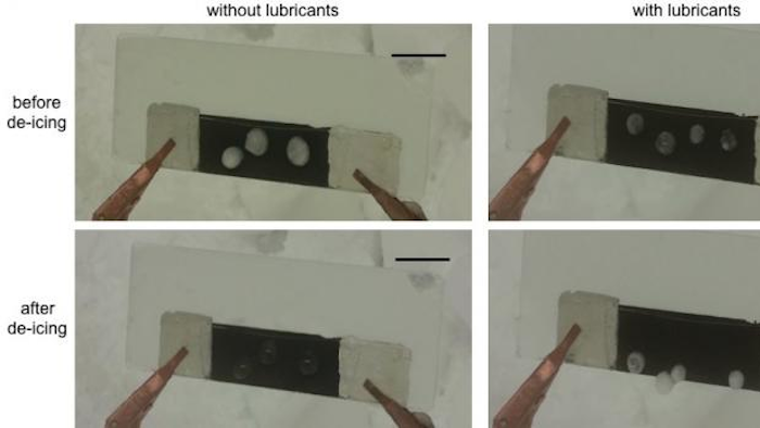 Test samples show a graphene nanoribbon-based film developed at Rice University with both passive and active de-icing properties. When the film at left is heated without an application of lubricants, ice melts but water droplets remain on the surface. With lubricants, at right, ice begins to melt and slides off. The material may be suitable for de-icing and anti-icing applications in extreme environments.