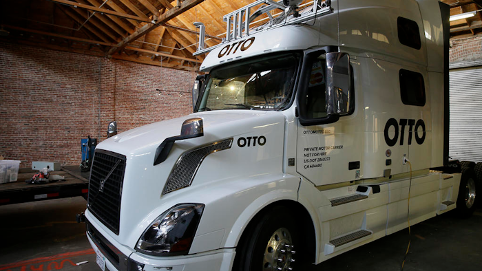 This Thursday, May 12, 2016, photo shows an Otto driverless truck at a garage in San Francisco. An 18-wheel truck barreling down the highway with 80,000 pounds of cargo and no one behind the wheel might seem reckless to most people, even in an age when a few driverless cars already are cruising some city streets. But robot-loving Anthony Levandowski is betting autonomous big rigs will be the next big thing on the road to creating a safer and saner transportation system.