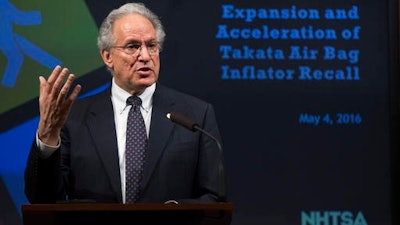 National Highway Traffic Safety Administration (NHTSA) Administrator Mark Rosekind speaks during a news conference at the Transportation Department in Washington, Wednesday, May 4, 2016, to announce that Takata has agreed to recall another 35 million to 40 million air bag inflators, a stunning increase that will more than double what already is the largest automotive recall in American history.