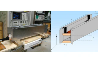 A photograph (left) shows the experimental set-up used to confirm the existence of the Bloch wave resonance, which was first predicted theoretically. An illustration (right) shows the interior of the experimental device, called a hollow periodic waveguide, which consists of two corrugated metallic plates separated by a variable distance of about one inch, and the upper plate can slide with respect to the lower. When researchers shot microwaves between the plates through the air, they were able to control which wavelengths of microwaves were allowed through by varying the position of the upper plate.