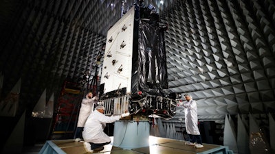 Lockheed Martin’s first GPS III satellite in environmental testing at the company’s GPS III Processing Facility near Denver.