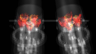 A simulation of combustion within two adjacent gas turbine combustors. GE researchers are incorporating advanced combustion modeling and simulation into product testing after developing a breakthrough methodology on the OLCF's Titan supercomputer.