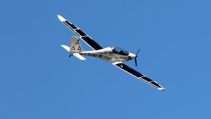Test pilot Robert Lutz flies the solar-powered Luminati Aerospace VO-Substrata prototype aircraft, in Calverton, N.Y., Friday, June 10, 2016. Lutz flew the aircraft for about 20 minutes for a New York company that envisions manufacturing a fleet of drones to provide aerial internet service for an estimated four billion people worldwide.