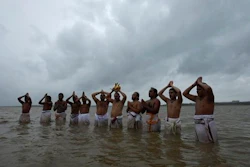 Hindu priests offer prayers to Varuna, the Hindu god of rain as they pray for rains standing in the waters at the Osman Sagar Lake on the outskirts of Hyderabad, India.The seasonal monsoon, which hits the region between June and September, delivers more than 70 percent of India's annual rainfall. Its arrival is eagerly awaited by hundreds of millions of subsistence farmers across the country, and delays can ruin crops or exacerbate drought.In an effort to better understand and predict South Asia's seasonal monsoon, British scientists are getting ready to release robots into the Bay of Bengal in a study of how ocean conditions might affect rainfall patterns.