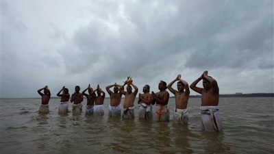 Hindu priests offer prayers to Varuna, the Hindu god of rain as they pray for rains standing in the waters at the Osman Sagar Lake on the outskirts of Hyderabad, India.The seasonal monsoon, which hits the region between June and September, delivers more than 70 percent of India's annual rainfall. Its arrival is eagerly awaited by hundreds of millions of subsistence farmers across the country, and delays can ruin crops or exacerbate drought.In an effort to better understand and predict South Asia's seasonal monsoon, British scientists are getting ready to release robots into the Bay of Bengal in a study of how ocean conditions might affect rainfall patterns.