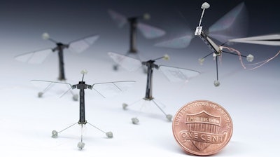 Inspired by the biology of a fly, with submillimeter-scale anatomy and two wafer-thin wings that flap almost invisibly, 120 times per second, the Robobee takes its first controlled flight. The culmination of a decade's work, RoboBees achieve vertical takeoff, hovering and steering.